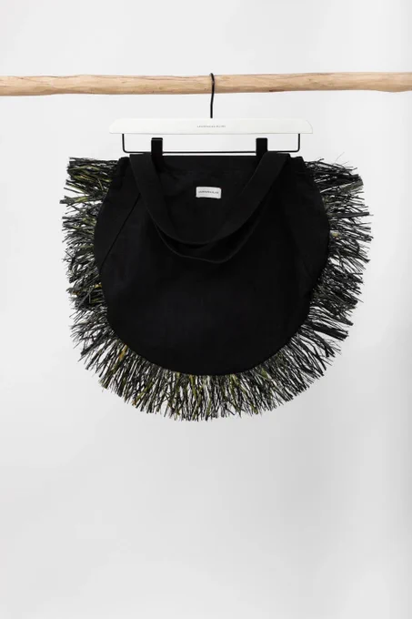LaurenceAirline denim raffia tote bag in cotton with raffia fringe, online exclusive at House of NALA
