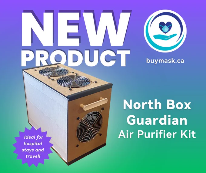 Image of an assembled North Box Guardian Air Purifier Kit on a gradient background (purple and green). The Guardian is made of brown hardboard (HDF) and features a handle in the front. It also has four PC fans and white filters. 

"New Product - North Box Guardian Air Purifier Kit - buymask.ca
Ideal for hospital stays and travel". 