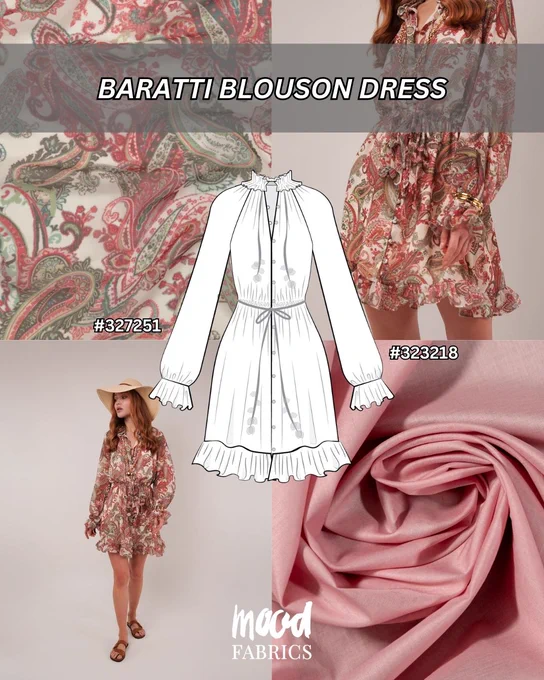 Baratti Blouson Dress sewing pattern featuring gathered neckline long sleeves and ruffle hem resort dress silhouette