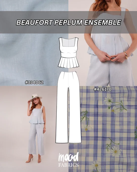 Beaufort Peplum Ensemble resort outfit sewing pattern featuring sleeveless peplum top and relaxed wide leg pants from the Mood Sewciety blog