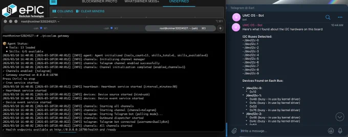 A technical screenshot showing the successful startup of a PicoClaw Gateway on an Antminer using UMC OS and a hardware diagnostic report from the UMC OS Telegram bot listing active I2C buses and chip addresses.