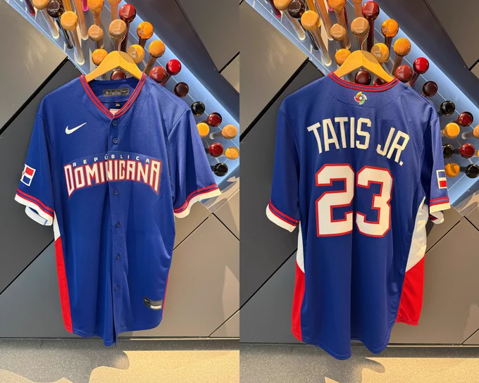 Split image featuring the front and back of a Fernando Tatis Jr. República Dominicana World Baseball Classic jersey. It's primarily blue with red and white lettering.