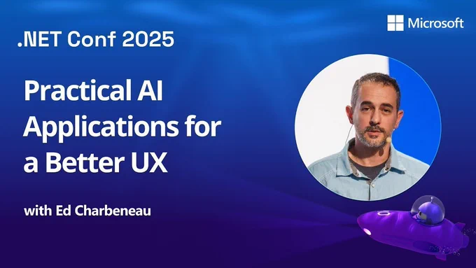Spot art.
Photo of presenter(s)
text reads: 
Practical AI Applications for a Better UX