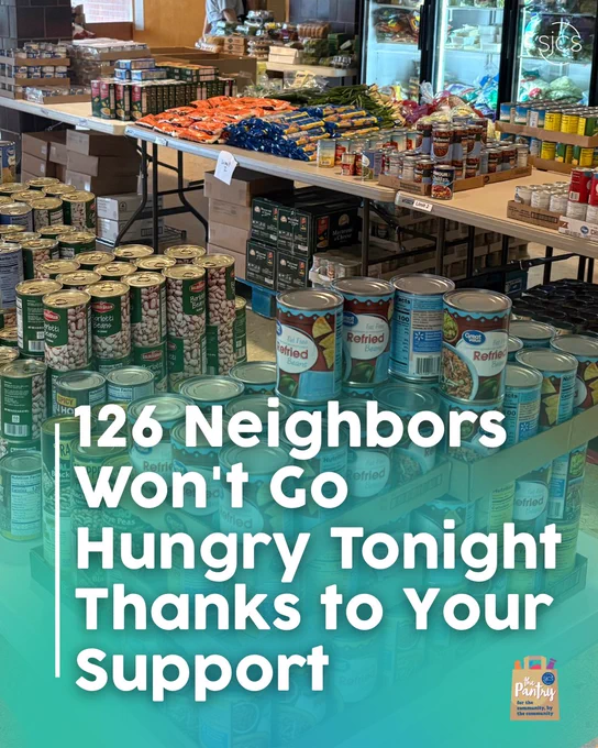 A well-stocked food pantry with tables and shelves filled with canned goods, fresh produce, boxed items, and other groceries. Text overlay reads "126 Neighbors Won't Go Hungry Tonight Thanks to Your Support."