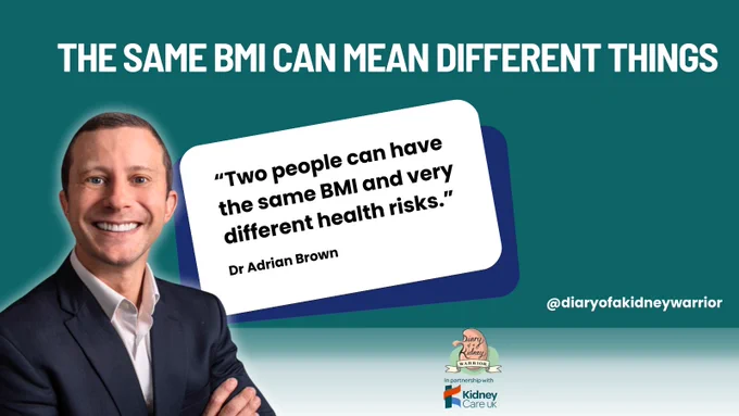 Educational graphic explaining that two people can have the same body mass index but very different health risks. Dr Adrian Brown discusses the complexity of using BMI when assessing health and kidney transplant eligibility.