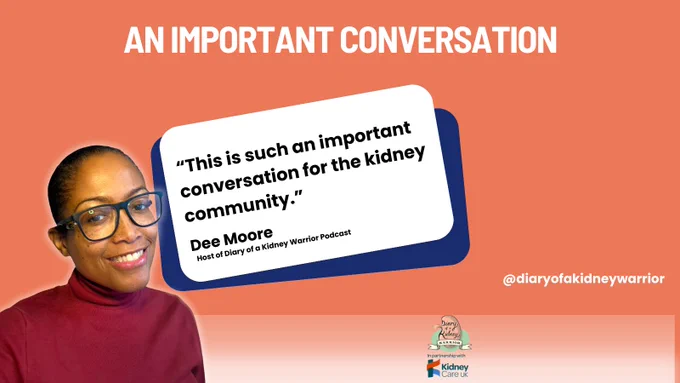 Slide highlighting the importance of discussing weight and kidney health. Dee Moore, host of Diary of a Kidney Warrior Podcast, emphasises that conversations about BMI, dialysis and kidney transplant eligibility are important for the kidney community.