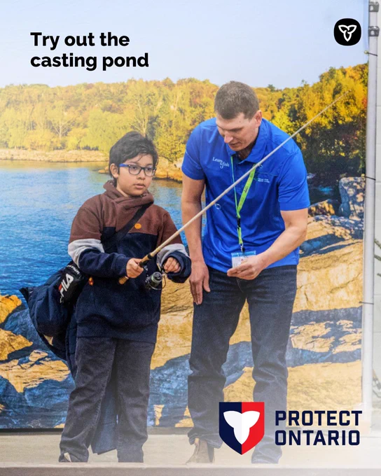 A staff member teaching a kid how to cast a rod, Text reads “Try out the casting pond