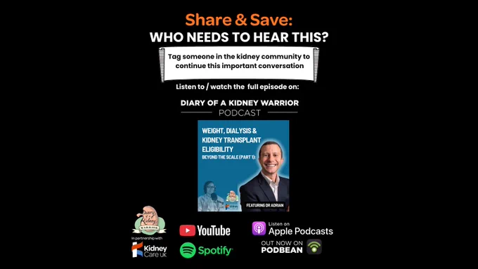 Call-to-action slide encouraging viewers to share the post with someone in the kidney community. Promotes the podcast episode “Weight, Dialysis and Kidney Transplant Eligibility – Beyond the Scale (Part 1)” from Diary of a Kidney Warrior Podcast, available on YouTube, Spotify, Apple Podcasts and Podbean in partnership with Kidney Care UK.