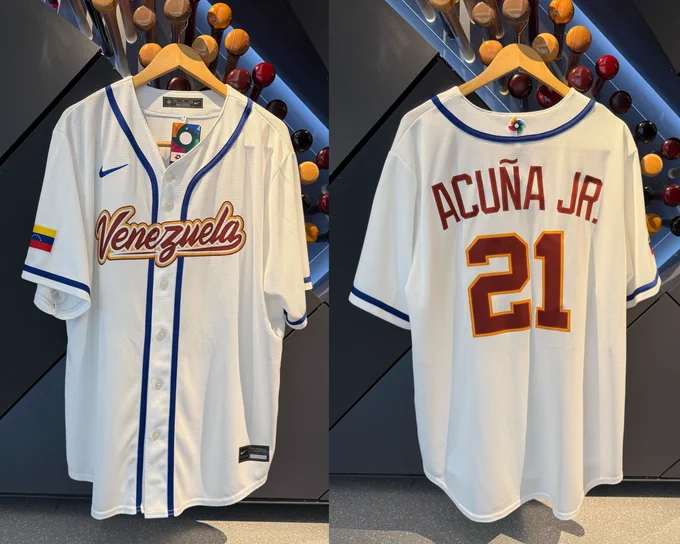 Split-image of the front and back of a Ronald Acuña Jr. Team Venezuela World Baseball Classic jersey