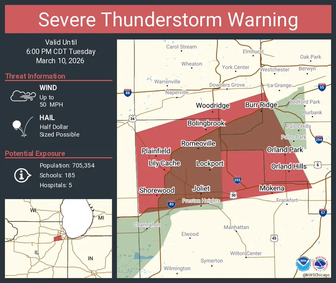 This graphic displays a severe thunderstorm warning plotted on a map. The warning is in effect until 6:00 PM CDT. The warning includes Joliet IL, Bolingbrook IL and Orland Park IL.  This warning is for Northwestern Will County in northeastern Illinois, Southeastern DuPage County in northeastern Illinois and South central Cook County in northeastern Illinois. The threats associated with this warning are wind gusts up to 50 MPH and half dollar sized hail. There are 705,354 people in the warning along with 185 schools and 5 hospitals.