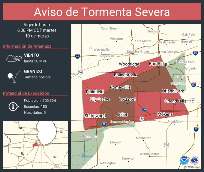 Este gráfico muestra la localización en el mapa de un aviso de tormenta severa. El aviso estará en efecto hasta las 6:00 PM CDT. El aviso incluye a Joliet IL, Bolingbrook IL, Orland Park IL. El aviso incluye el noroeste del condado de Will en el noreste de Illinois, el sureste del condado de DuPage en el noreste de Illinois y el condado de el sur centro de Cook en el noreste de Illinois. Las amenazas asociadas a este aviso son: ráfagas de viento de 50 MPH y granizo del tamaño . Hay 705,354 personas bajo este aviso incluyendo 185 escuelas y 5 hospitales.