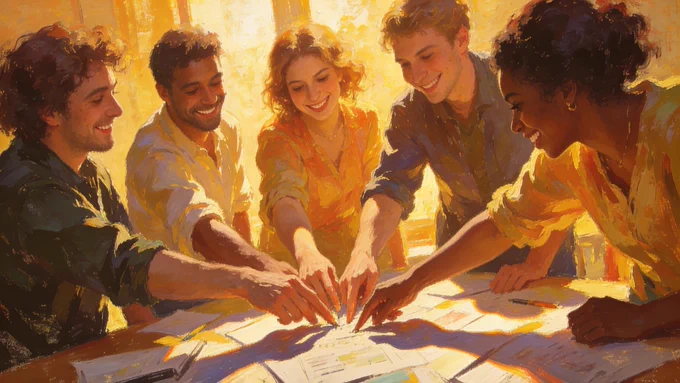 A group of five people collaboratively discuss papers on a table, reaching out with their hands, illuminated by warm sunlight.