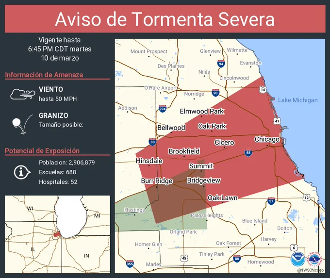 Este gráfico muestra la localización en el mapa de un aviso de tormenta severa. El aviso estará en efecto hasta las 6:45 PM CDT. El aviso incluye a Chicago IL, Cicero IL, Oak Lawn IL. El aviso incluye el condado de el este centro de DuPage en el noreste de Illinois y el noreste del condado de Cook en el noreste de Illinois. Las amenazas asociadas a este aviso son: ráfagas de viento de 50 MPH y granizo del tamaño . Hay 2,906,879 personas bajo este aviso incluyendo 680 escuelas y 52 hospitales.