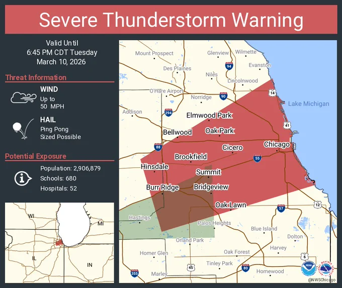 This graphic displays a severe thunderstorm warning plotted on a map. The warning is in effect until 6:45 PM CDT. The warning includes Chicago IL, Cicero IL and Oak Lawn IL.  This warning is for East central DuPage County in northeastern Illinois and Northeastern Cook County in northeastern Illinois. The threats associated with this warning are wind gusts up to 50 MPH and ping pong sized hail. There are 2,906,879 people in the warning along with 680 schools and 52 hospitals.
