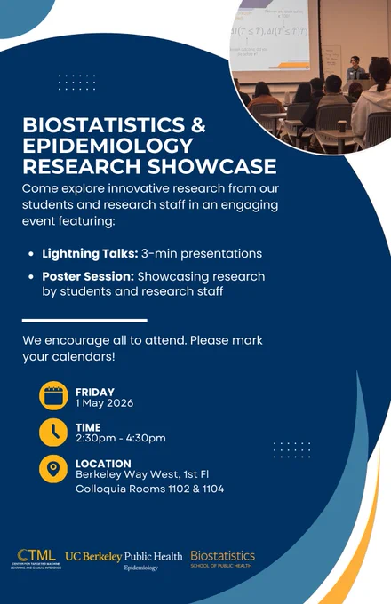 Calling all UC Berkeley Biostat and Epi graduate students! Got exciting research to share? Join us for the Biostat and Epi Research Showcase—your chance to present to faculty, peers, and special guests! Visit the link in our bio for full details on presentation formats 🔗