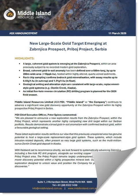 ASX: MDI | New Large-Scale Gold Target Emerging at Zabrnjica Prospect, Priboj Project, Serbia