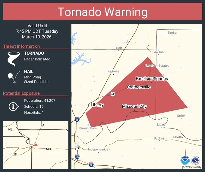 This graphic displays a tornado warning plotted on a map. The warning is in effect until 7:45 PM CDT. The warning includes Liberty MO, Excelsior Springs MO and Glenaire MO.  This warning is for Southeastern Clay County in west central Missouri, West central Ray County in west central Missouri and North central Jackson County in west central Missouri. The threats associated with this warning are a radar indicated tornado and ping pong sized hail. There are 41,207 people in the warning along with 15 schools and 1 hospital.
