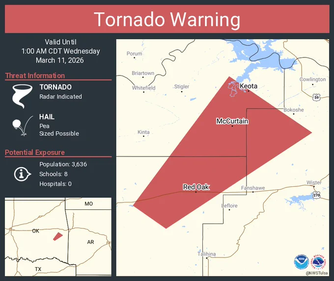 This graphic displays a tornado warning plotted on a map. The warning is in effect until 1:00 AM CDT. The warning includes Keota OK, Red Oak OK and McCurtain OK.  This warning is for Southeastern Haskell County in southeastern Oklahoma, Northeastern Latimer County in southeastern Oklahoma and Northwestern Le Flore County in southeastern Oklahoma. The threats associated with this warning are a radar indicated tornado and pea sized hail. There are 3,636 people in the warning along with 8 schools and 0 hospitals.