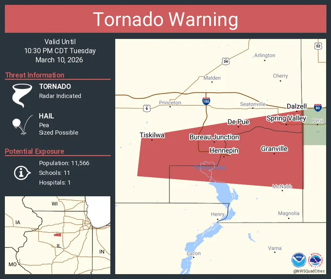 This graphic displays a tornado warning plotted on a map. The warning is in effect until 10:30 PM CDT. The warning includes Spring Valley IL, De Pue IL and Granville IL.  This warning is for Central Putnam County in north central Illinois and Southeastern Bureau County in north central Illinois. The threats associated with this warning are a radar indicated tornado and pea sized hail. There are 11,566 people in the warning along with 11 schools and 1 hospital.