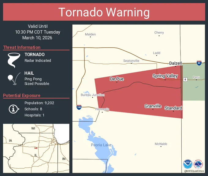 This graphic displays a tornado warning plotted on a map. The warning is in effect until 10:30 PM CDT. The warning includes Spring Valley IL, De Pue IL and Granville IL.  This warning is for Northeastern Putnam and East Central Bureau Counties. The threats associated with this warning are a radar indicated tornado and ping pong sized hail. There are 9,202 people in the warning along with 8 schools and 1 hospital.