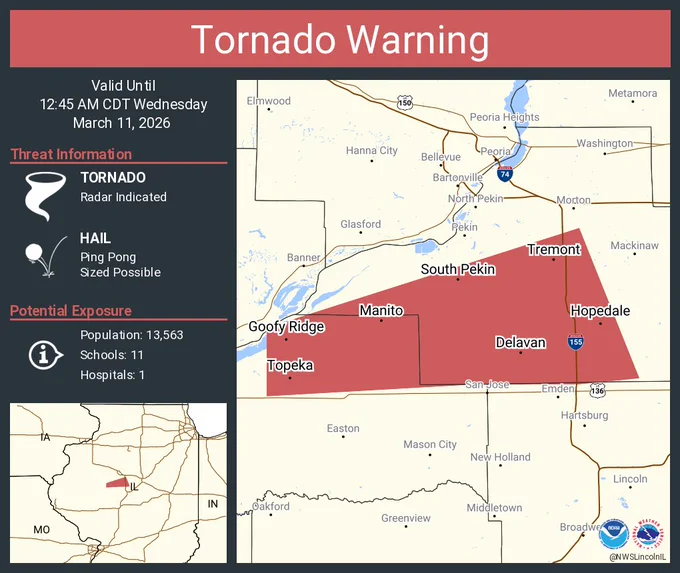 This graphic displays a tornado warning plotted on a map. The warning is in effect until 12:45 AM CDT. The warning includes Tremont IL, Delavan IL and Manito IL.  This warning is for Southeastern Fulton County Is Cancelled. The threats associated with this warning are a radar indicated tornado and ping pong sized hail. There are 13,563 people in the warning along with 11 schools and 1 hospital.
