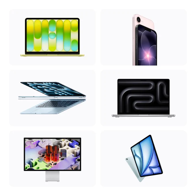 MacBook Neo, iPhone 17e, MacBook Air, MacBook Pro, Studio Display XDR, and iPad Air, arranged in six separate sections of a bento box.