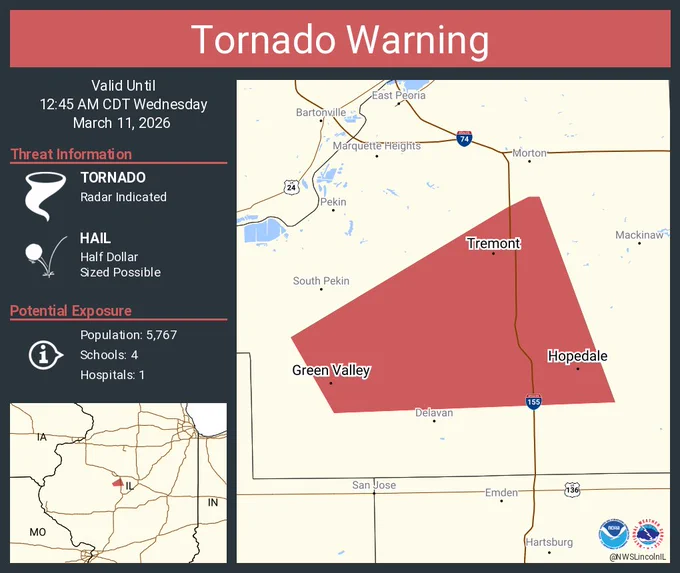 This graphic displays a tornado warning plotted on a map. The warning is in effect until 12:45 AM CDT. The warning includes Tremont IL, Hopedale IL and Green Valley IL.  This warning is for Northeastern Mason County Is Cancelled. The threats associated with this warning are a radar indicated tornado and half dollar sized hail. There are 5,767 people in the warning along with 4 schools and 1 hospital.