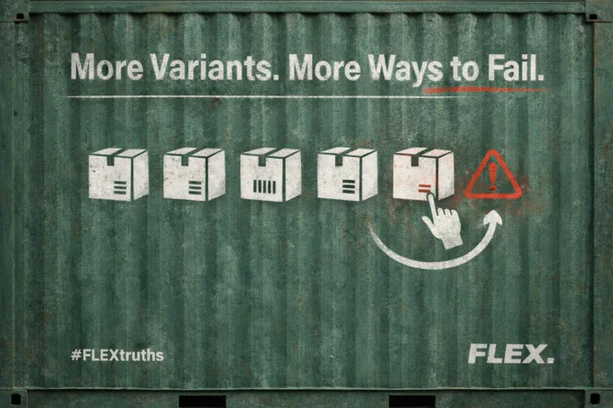 Green textured background with white text: "More Variants. More Ways to Fail." Five box icons, a warning symbol, and a hand pointing to a highlighted box. Tone: Cautionary. #FLEXtruths.