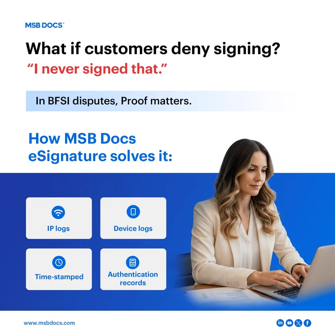 This graphic shows how MSB Docs eSignature provides proof of signing with IP logs, device logs, timestamped records, and authentication details to resolve BFSI disputes.
