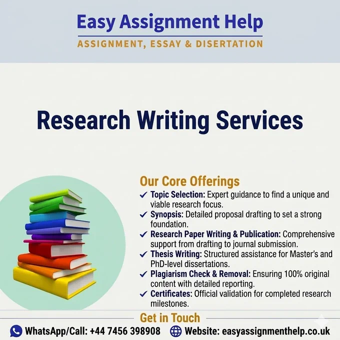A promotional flyer for "Easy Assignment Help" featuring a stack of colorful books on the left and a list of services on the right, including Topic Selection, Synopsis, Research Paper Writing, Thesis Writing, Plagiarism Check, and Certificates. Contact information includes a WhatsApp number  44 7456 398908 and the website easyassignmenthelp.co.uk.