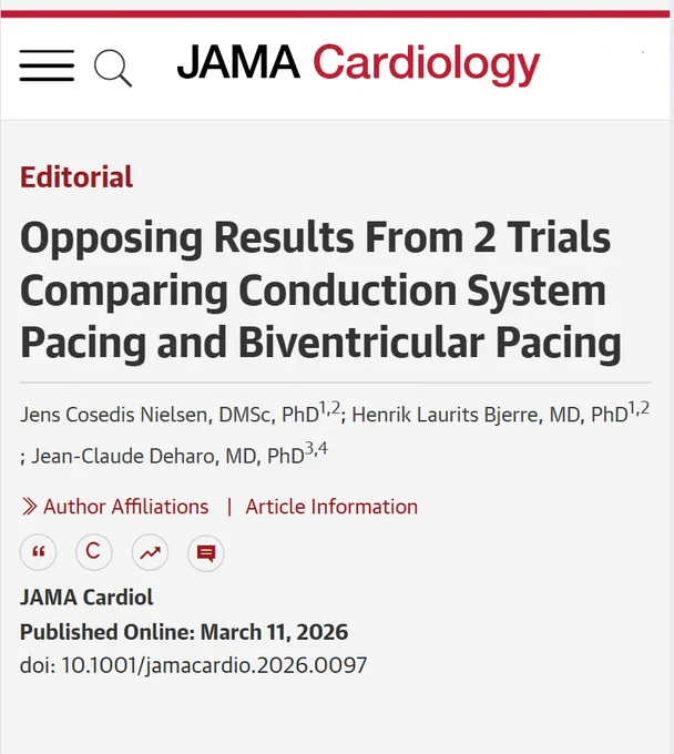 JAMA Cardiology editorial: \"Opposing Results From 2 Trials Comparing Conduction System Pacing and Biventricular Pacing\" by Jens Cosedis Nielsen et al. Published online March 11, 2026. doi: 10.1001/jamacardio.2026.0097.