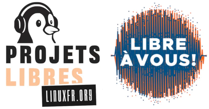 Logo de l'émission ou du projet "Projets Libres" de linuxfr.org.

À gauche, un manchot stylisé portant un casque audio noir, avec les mots "PROJETS" et "LIBRES" en noir et orange, et l'URL "LINUXFR.ORG" en noir sur fond blanc.

À droite, un cercle contenant une onde sonore stylisée en bleu et orange avec le texte "LIBRE À VOUS !" en blanc. 