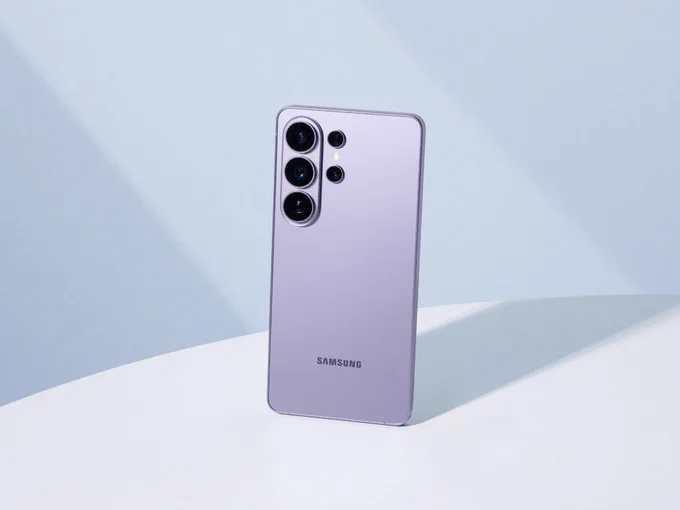 Samsung Galaxy S26 smartphone in lavender color showing triple camera design and premium flagship build