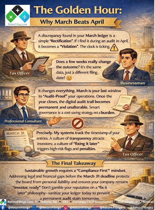 Image prepared by ReturnFilings.com it contains The Golden Hour: Why March Beats April
Tax Officer: "A discrepancy found in your March ledger is a simple 'Rectification'. If I find it during an audit in April, it becomes a 'Violation'. The clock is ticking." ⚠️

Businessman: "Does a few weeks really change the outcome? It's the same data, just a different filing date!" 🤨

Professional Consultant: "It changes everything. March is your last window to 'Audit-Proof' your operations. Once the year closes, the digital audit trail becomes permanent and unalterable. Smart governance is a cost-saving strategy, not a burden." 📜

Tax Officer: "Precisely. My systems track the timestamp of your entries. A culture of transparency attracts investors; a culture of 'fixing it later' triggers high-risk flags and penalties." 🚫

The Final Takeaway
Sustainable growth requires a "Compliance-First" mindset. Addressing legal and financial gaps before the March 31 deadline protects the board from personal l