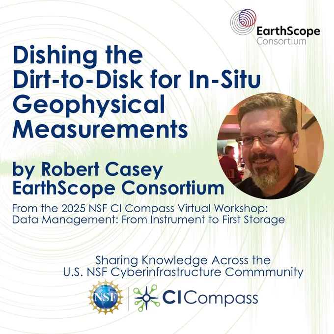 This image includes a headshot of Robert Casey, a man with dark hair, facial hair, and glasses. He is smiling. In the background of the image is a light green illustration of something that invokes a reading of earth movements from a central location.

The text reads:
EarthScope Consortium
Dishing the DIrt-to-Disk for In-Situ Geophysical Measurements, by Robert Casey, EarthScope Consortium. From the 2025 NSF CI Compass Virtual Workshop: Data Management: From Instrument to First Storage

Sharing Knowledge Across the U.S. NSF Cyberinfrastructure Community: NSF CI Compass