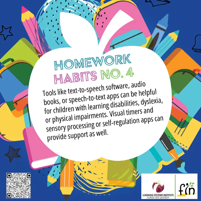 Colorful illustration highlighting "Homework Habits" with school imagery. Text explains tools like text-to-speech software and audio books can assist children with learning disabilities and other impairments. Includes a QR code and logos for the Learning Systems Institute and FIN.