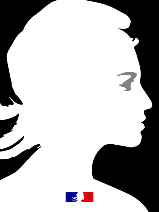 Dessin d'une Marianne de profil en blanc sur fond noir.