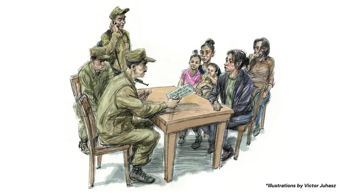 Photo of a group of Non-State Armed individuals discussing with people whose relatives got lost at war. 