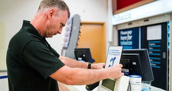 A Contacta engineer fits a hearing loop sign to a till point in a supermarket. He wears a black polo shirt and has short greying hair.
