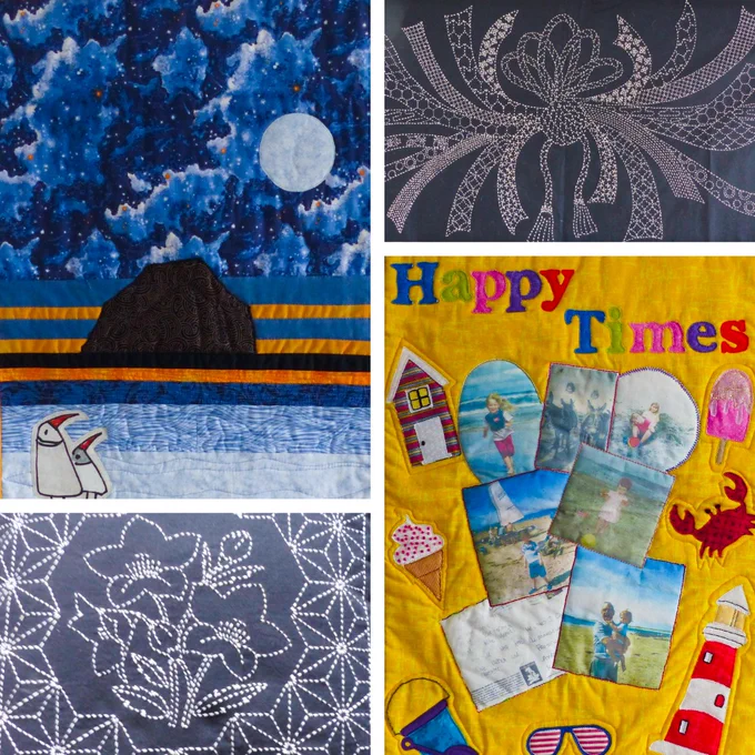 Collage image featuring several quilts from the exhibition.