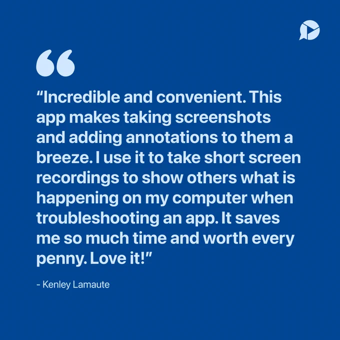 Customer review praising the app for making screenshots, annotations, and short screen recordings easy and convenient for troubleshooting.