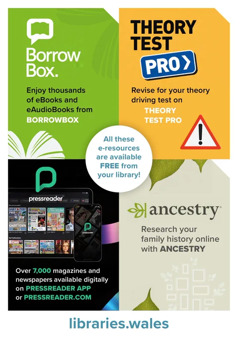 Four digital resources available through your library membership in Wales - Borrowbox, Theory Test Pro, PressReader and Ancestry