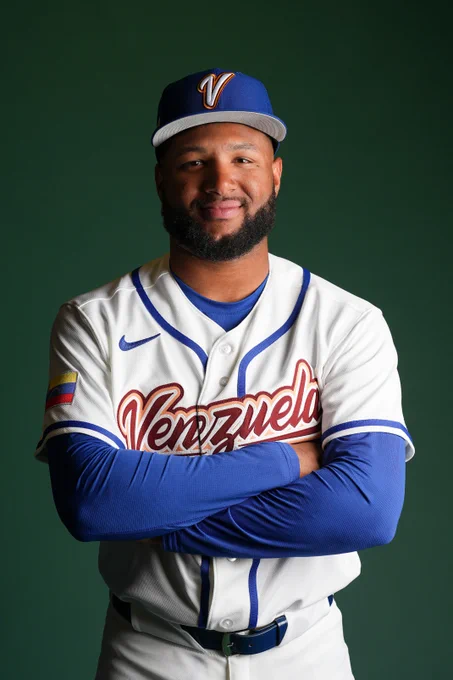 Posed headshot of Jackson Chourio in a Team Venezuela World Baseball Classic uniform.