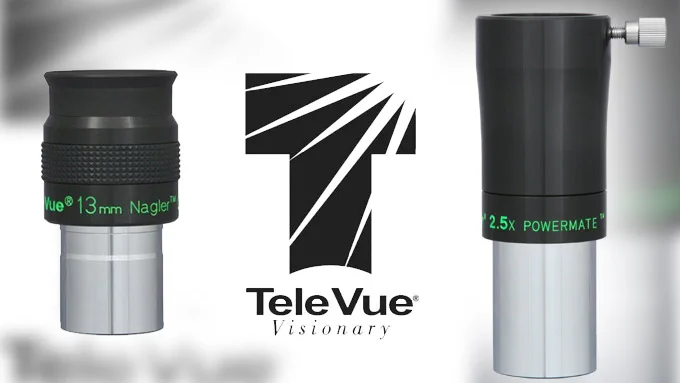 Tele Vue eyepieces and accessories that slip into eyepiece holders have black bodies with green writing and shiny chrome barrels that slip into eyepiece holders. In this image, the Tele Vue logo is between a 13 Nagler and 2.5x Powermate.