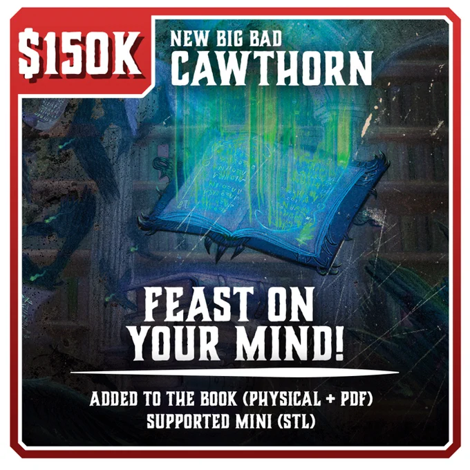 Illustration of a glowing magical book with green light beams and a murder of crows behind it, promoting the $150K Cawthorn Library stretch goal on Kickstarter.