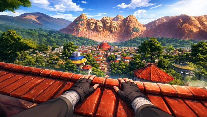 A ninja from Konoha looking at Hokage mountain.