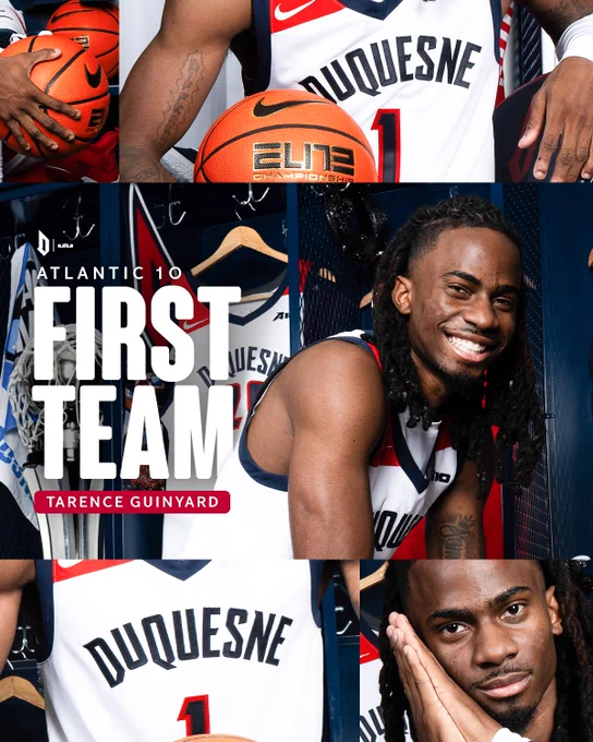 Photo collage of Tarence Guinyard with text that reads Atlantic 10 First Team
