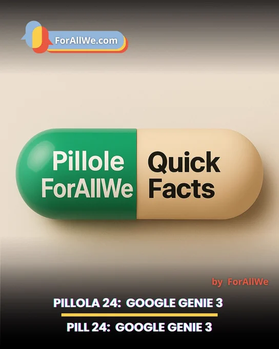 Promotional graphic by ForAllWe featuring a large capsule in the center: one green half labeled “Pillole ForAllWe” and one beige half labeled “Quick Facts.” The ForAllWe.com logo appears at the top, with “by ForAllWe” on the lower right. At the bottom, the title reads: “Pillola 24: Google Genie 3 / Pill 24: Google Genie 3.”
Grafica promozionale di ForAllWe con una grande capsula al centro: metà verde con la scritta “Pillole ForAllWe” e metà beige con la scritta “Quick Facts”. In alto compare il logo ForAllWe.com, in basso a destra la firma “by ForAllWe”. Nella parte inferiore si legge il titolo: “Pillola 24: Google Genie 3 / Pill 24: Google Genie 3”.