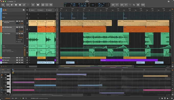 Updated Bitwig v6 editor with rearranged layout, regions with expression, piano roll