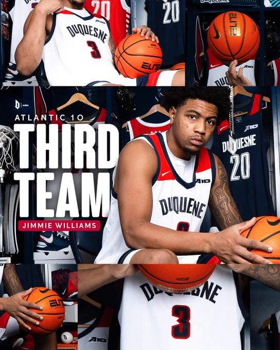 Photo collage of Jimmie Williams with text that reads Atlantic 10 Third Team.
